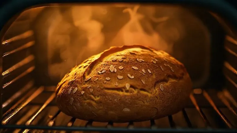 Photorealistic, professional photography, 8K, cinematic lighting, sharp focus, depth of field, shot on a high-end DSLR, of a golden-brown oat bread baking inside a well-lit oven, steam slightly visible, a gentle glow from the heating elements, evoking warmth and anticipation.
