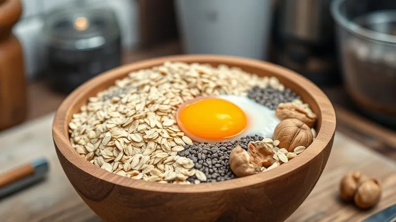 Photorealistic image of a wooden bowl filled with various healthy ingredients for oat bread: rolled oats, flax seeds, chia seeds, a few walnuts, and a cracked egg. The ingredients are arranged beautifully, bathed in natural light, sharp focus on the textures, depth of field blurring a rustic kitchen background. Professional photography, 8K, shot on a high-end DSLR.