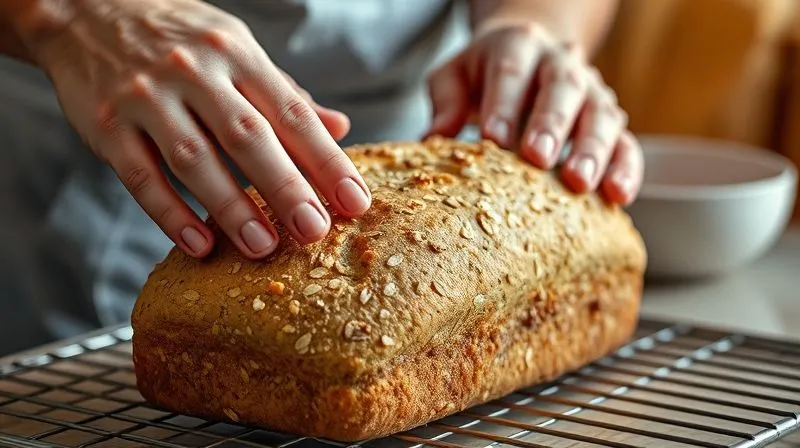 A close-up, photorealistic image of a baker's hands gently pressing the top of a golden-brown oat bread loaf, checking for doneness. The bread is on a cooling rack, steam subtly rising. The background is a softly blurred, warm kitchen setting. Professional photography, 8K, cinematic lighting, sharp focus on the hands and bread, depth of field. Shot on a high-end DSLR.