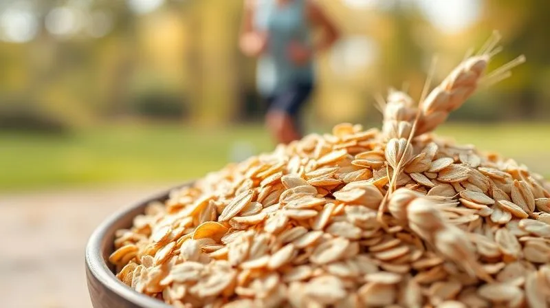 photorealistic, professional photography, 8K, cinematic lighting, sharp focus, depth of field, shot on a high-end DSLR. A close-up of a bowl of raw rolled oats, with a few fresh oat stalks artfully arranged beside it. The background shows a blurry image of a healthy, fit person jogging in a park, symbolizing the energy and health benefits of oats. Soft, natural light illuminates the scene, emphasizing the wholesome texture of the oats.