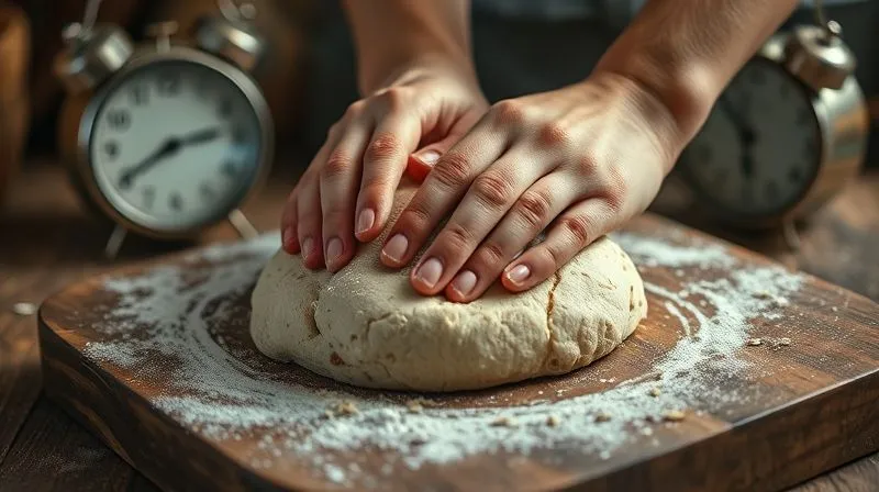 photorealistic, professional photography, 8K, cinematic lighting, sharp focus, depth of field, shot on a high-end DSLR. A close-up of hands gently kneading a dough made with oats and whole grains on a rustic wooden board, dusted with flour. The light is warm and inviting, emphasizing the texture of the dough and the careful, experienced hands. A vintage kitchen timer is blurred in the background, suggesting the passage of time and the artisan process of bread making.