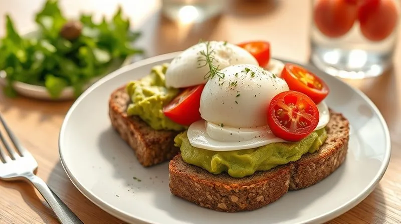 photorealistic, professional photography, 8K, cinematic lighting, sharp focus, depth of field, shot on a high-end DSLR. A perfectly composed healthy breakfast plate featuring two slices of golden-brown oat bread topped with smashed avocado, a poached egg, and cherry tomatoes. A side of fresh greens and a glass of water are also on the table. The setting is bright and airy, suggesting a fresh start to the day. The focus is on the vibrant colors and appealing textures of the food.