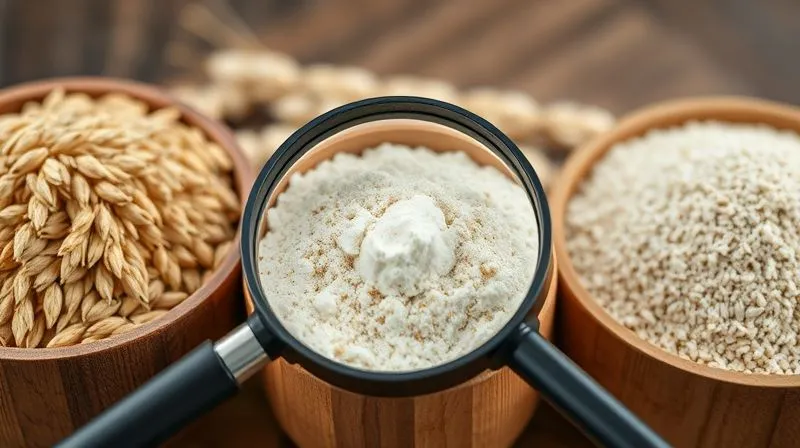 Photorealistic close-up of various types of wholemeal flour in separate wooden bowls: whole wheat, whole rye, and whole spelt, with a small magnifying glass hovering over the texture of the flour, emphasizing quality and detail. Soft, natural lighting. Professional photography, 8K, cinematic lighting, sharp focus, depth of field, shot on a high-end DSLR.