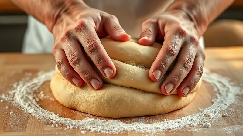 Photorealistic close-up of a baker's hands gently stretching and folding a highly hydrated, sticky wholemeal bread dough on a lightly floured wooden surface. The dough shows excellent elasticity and shine. Warm, inviting kitchen environment. Professional photography, 8K, cinematic lighting, sharp focus, depth of field, shot on a high-end DSLR.