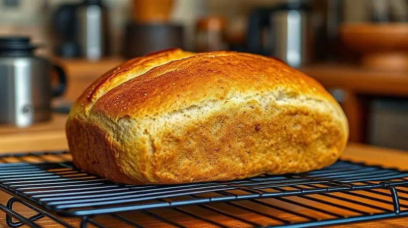 Photorealistic image of a golden-brown, perfectly baked wholemeal bread loaf just removed from a cast iron Dutch Oven, resting on a cooling rack. Steam is gently rising from the crust. The background shows a warm, inviting kitchen. Professional photography, 8K, cinematic lighting, sharp focus, depth of field, shot on a high-end DSLR.