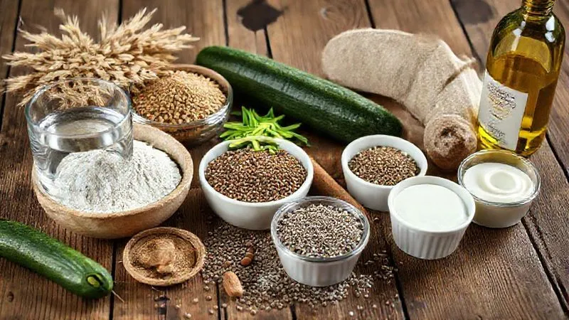 Photorealistic professional photography of various healthy baking ingredients spread out on a rustic wooden table: whole wheat flour in a bowl, a glass of water, flax seeds, chia seeds, a grated zucchini, a small container of natural yogurt, and a bottle of olive oil, all illuminated by soft, natural cinematic lighting, sharp focus on the ingredients, depth of field blurring the background, 8K hyper-detailed, shot on a high-end DSLR.