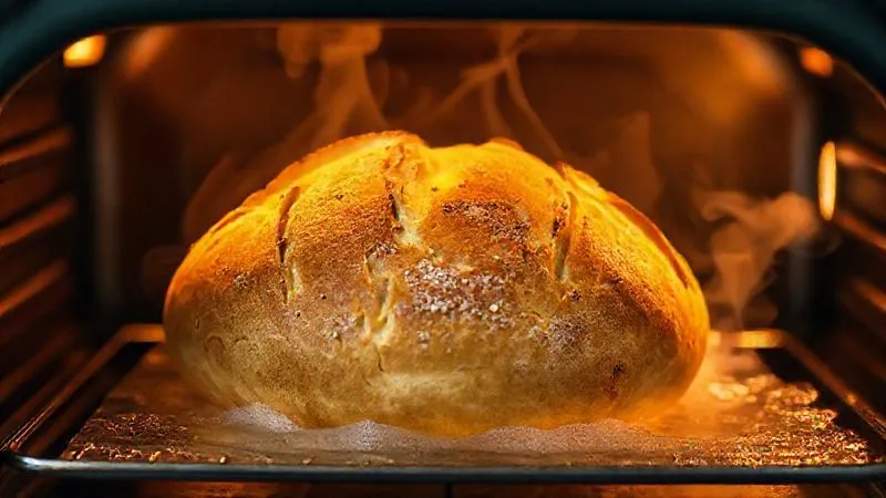 Photorealistic professional photography of a whole grain fit bread baking inside a hot oven, with visible steam rising from a tray of water placed at the bottom. The bread has a beautiful golden crust, illuminated by the warm glow of the oven light. Sharp focus on the bread, with a shallow depth of field, 8K hyper-detailed, shot on a high-end DSLR.