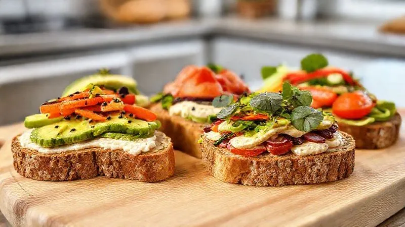 Photorealistic professional photography of several slices of perfectly baked whole grain fit bread, with a visible moist and airy crumb, topped with various healthy spreads like avocado, hummus, and fresh vegetables, arranged artfully on a light wooden board. The scene is bright and inviting, with soft, natural cinematic lighting, sharp focus on the food, depth of field blurring a background of a modern, clean kitchen, 8K hyper-detailed, shot on a high-end DSLR.