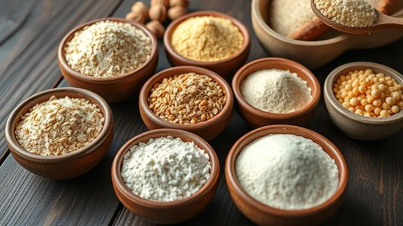 Photorealistic, professional photography, 8K, cinematic lighting, sharp focus, depth of field, shot on a high-end DSLR. A display of various types of healthy flours in small, rustic ceramic bowls on a dark wooden table. Include whole grain rye flour, whole grain spelt flour, oat flour, and chickpea flour. Each bowl should have a small, elegant label. The lighting should highlight the different textures and colors of the flours, conveying naturalness and health.