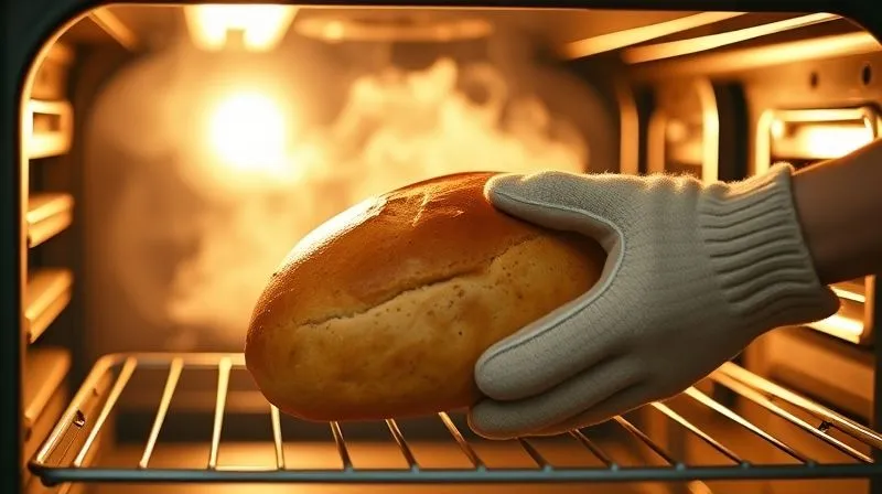 Photorealistic, professional photography, 8K, cinematic lighting, sharp focus, depth of field, shot on a high-end DSLR. A warm, inviting kitchen scene depicting the final stages of baking a fitness sunflower bread. A golden-brown loaf is being carefully removed from a hot oven, with steam gently wafting. The oven interior is glowing, and a pair of hands wearing oven mitts is visible. The focus is on the bread and the hands, with a soft blur of a clean, modern kitchen in the background, conveying warmth and accomplishment.