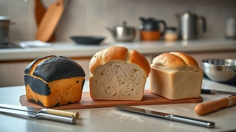 Photorealistic, professional photography, 8K, cinematic lighting, sharp focus, depth of field, shot on a high-end DSLR. A kitchen countertop with three different failed attempts at baking bread, showcasing common mistakes. One loaf is burnt black on top but raw inside, another is dense and squat, and a third is pale and undercooked. Tools for baking are scattered around in disarray. The lighting is slightly harsh, emphasizing the failures, with a sense of frustration conveyed by the scene.