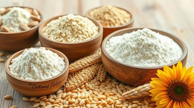 A photorealistic image of various alternative flours (almond, coconut, whole wheat spelt) in rustic bowls, alongside a pile of golden sunflower seeds, all bathed in soft, natural light, sharp focus, depth of field.