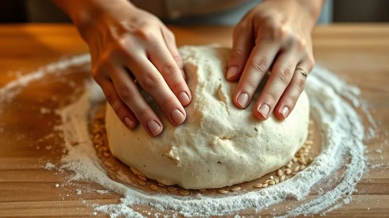 A close-up, photorealistic image of hands gently kneading a dough enriched with sunflower seeds on a floured wooden surface, warm kitchen lighting, sharp focus on the hands and dough, depth of field.