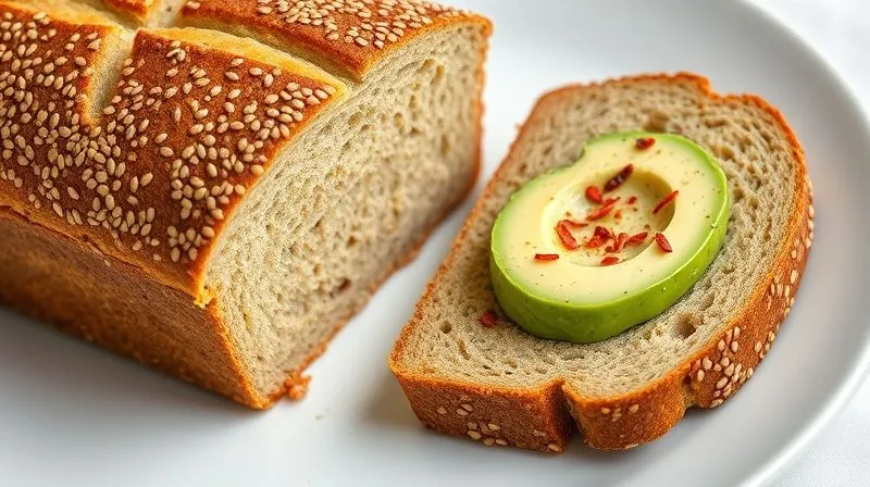 A photorealistic image of a freshly baked sunflower seed fit bread loaf, perfectly sliced, with one slice spread with avocado and a sprinkle of chili flakes, on a clean white plate, professional food photography, bright, natural light.