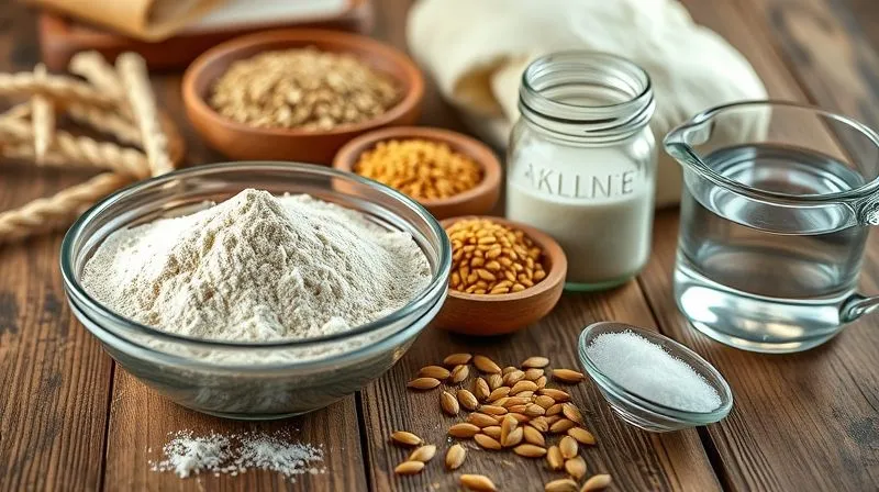 Photorealistic, professional photography, 8K, cinematic lighting, sharp focus, depth of field, shot on a high-end DSLR. A close-up shot of various healthy baking ingredients artfully arranged on a rustic wooden table: a bowl of whole grain rye flour, a small pile of golden sunflower seeds, a glass jar with active sourdough starter bubbling, a pinch of sea salt, and a measuring cup of filtered water. The lighting is warm and inviting, highlighting the natural textures.