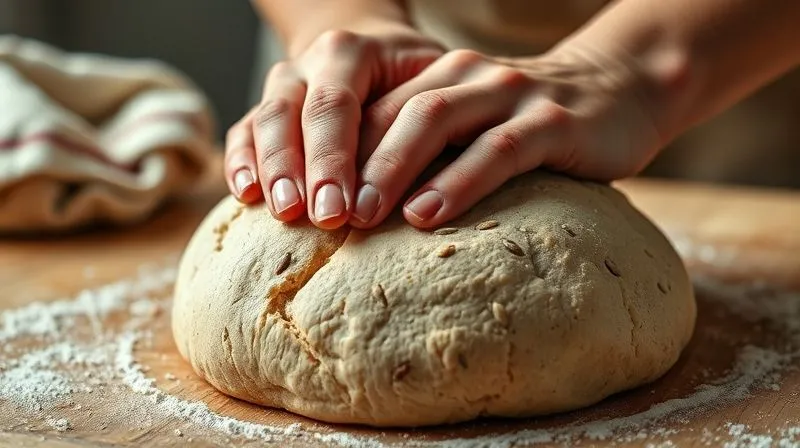 Photorealistic, professional photography, 8K, cinematic lighting, sharp focus, depth of field, shot on a high-end DSLR. A close-up of hands gently kneading a slightly sticky, whole-grain sunflower bread dough on a lightly floured wooden surface. The dough shows good elasticity and a rich, earthy color from the rye flour and sunflower seeds. The background is softly blurred, focusing on the texture of the dough and the baker's engaged hands. The scene evokes skill and natural process.