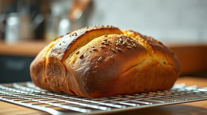 Photorealistic, professional photography, 8K, cinematic lighting, sharp focus, depth of field, shot on a high-end DSLR. A perfectly baked, golden-brown sunflower bread loaf resting on a cooling rack, with a rich, dark crust and visible sunflower seeds on the surface. Steam is subtly rising from the warm bread. The background is a softly blurred kitchen setting, emphasizing the freshly baked quality and inviting aroma. The scene conveys a sense of accomplishment and delicious health.