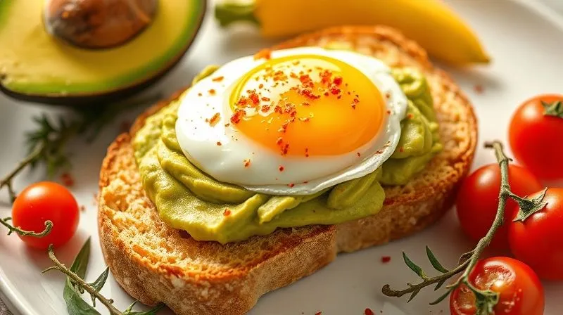 Photorealistic, professional photography, 8K, cinematic lighting, sharp focus, depth of field, shot on a high-end DSLR. A vibrant, healthy breakfast spread featuring a slice of golden sunflower fit bread topped with mashed avocado and a perfectly poached egg, alongside fresh cherry tomatoes and a sprinkle of chili flakes. The setting is bright and inviting, suggesting a delicious and nutritious start to the day. The scene evokes vitality and culinary delight.