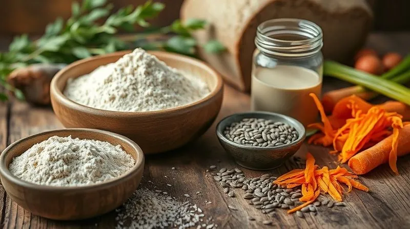 Photorealistic, professional photography, 8K, cinematic lighting, sharp focus, depth of field, shot on a high-end DSLR. A close-up of a rustic wooden table filled with essential ingredients for healthy rye bread: a bowl of dark rye flour (type 2000), a glass jar with active sourdough starter bubbling gently, a small bowl of flax seeds, a handful of sunflower seeds, and grated carrots. The scene is bathed in soft, natural light, emphasizing freshness and natural elements.