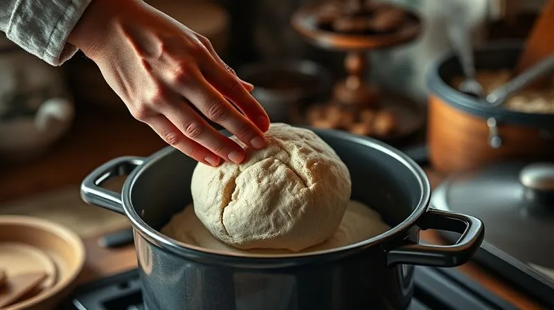 Photorealistic, professional photography, 8K, cinematic lighting, sharp focus, depth of field, shot on a high-end DSLR. A warm, inviting kitchen scene with a pair of hands carefully placing a round, unbaked rye bread dough from a proofing basket into a preheated Dutch oven. Steam is gently rising from the hot pot, with cinematic lighting highlighting the texture of the dough and the rustic kitchen environment. The focus is sharp on the action, with a blurred background of a cozy kitchen.