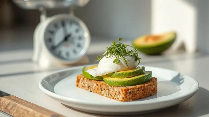Photorealistic, professional photography, 8K, cinematic lighting, sharp focus, depth of field, shot on a high-end DSLR. A perfectly portioned slice of low-calorie rye bread topped with fresh avocado slices, a poached egg, and a sprinkle of microgreens, presented on a minimalist ceramic plate. A small, elegant kitchen scale is visible in the background, out of focus, emphasizing portion control. The scene is bright and airy, suggesting a healthy and balanced meal.