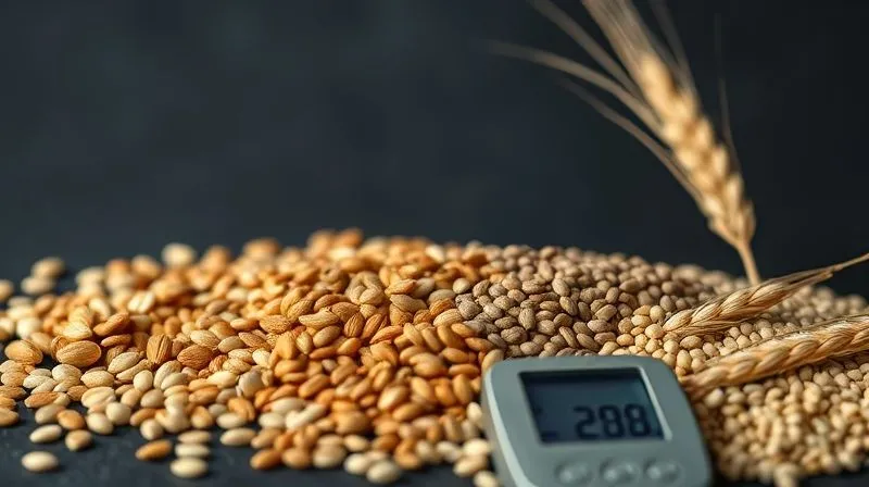 Photorealistic close-up of a variety of healthy seeds and grains (sunflower seeds, pumpkin seeds, flax seeds, chia seeds, whole wheat berries) artfully arranged on a dark, textured background, with a small digital scale in the foreground showing a measured portion. Cinematic lighting emphasizes the texture and natural colors of the ingredients. Sharp focus on the seeds, shallow depth of field. 8K hyper-detailed, shot on a high-end DSLR.