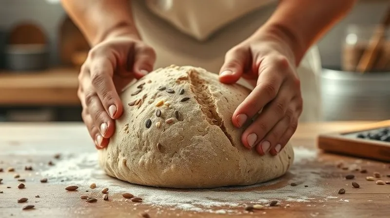 Photorealistic image of skilled hands gently kneading a rustic, whole-grain dough filled with various healthy seeds on a lightly floured wooden surface. The dough is elastic and well-hydrated. The background is softly blurred, showing an old-fashioned kitchen setting with natural light streaming in. Cinematic lighting, sharp focus on the hands and dough, depth of field. 8K hyper-detailed, shot on a high-end DSLR.