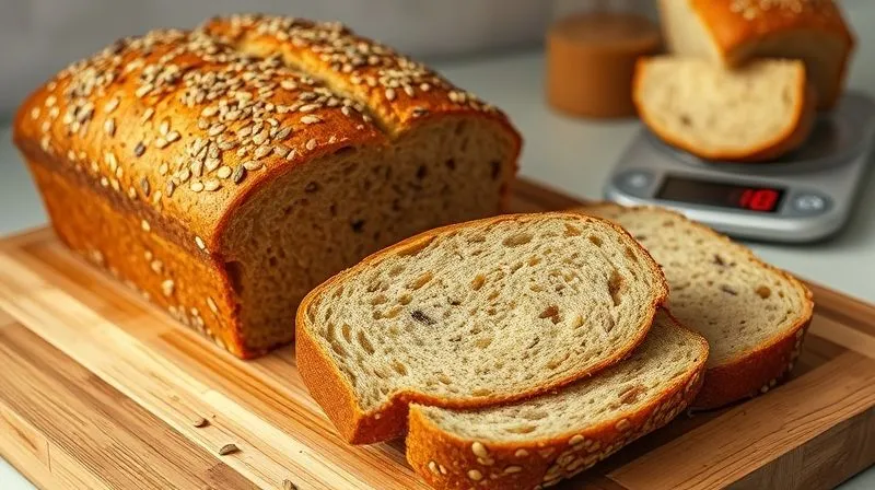 Photorealistic, professional photography of a perfectly baked, golden-brown loaf of homemade seed bread, freshly sliced on a wooden cutting board, with steam gently rising from the slices. The bread is rich in visible healthy seeds and has a dense, moist texture. In the background, a small portion of the bread is being weighed on a digital kitchen scale. Cinematic lighting, sharp focus on the sliced bread, depth of field blurring the background elements. 8K hyper-detailed, shot on a high-end DSLR.