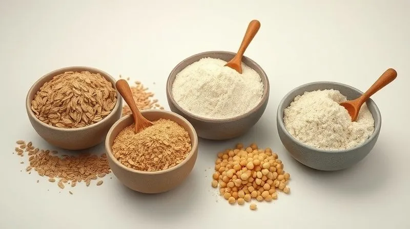 A professional studio shot of various types of healthy flours arranged in small, elegant ceramic bowls: whole wheat flour, rye flour, oat flour, and chickpea flour. Each bowl has a small wooden spoon. The background is soft and clean, with cinematic lighting emphasizing the textures and natural colors of the flours. Sharp focus, depth of field. 8K hyper-detailed.