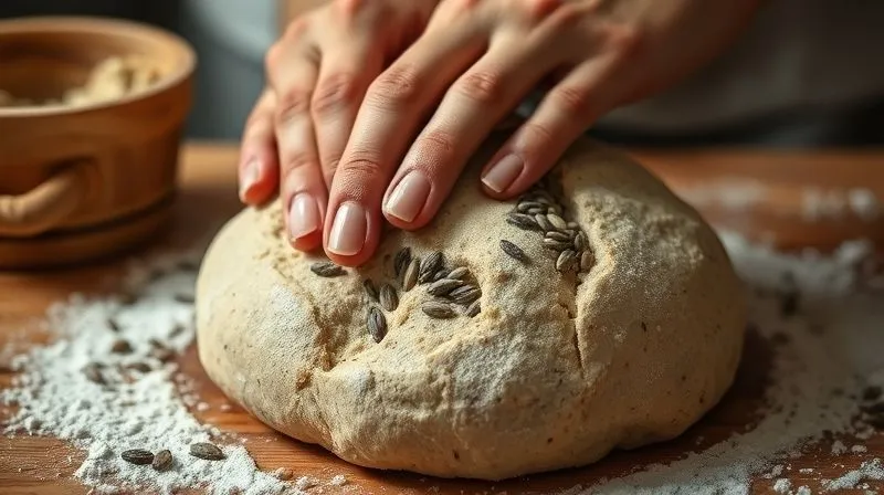 A close-up, photorealistic image of hands gently kneading a rustic, whole-grain bread dough filled with various seeds (flax, chia, sunflower). The dough is on a floured wooden surface, with soft, natural light illuminating the texture and the seeds embedded within. Sharp focus on the dough, depth of field blurring the background. Professional photography, 8K, cinematic lighting.