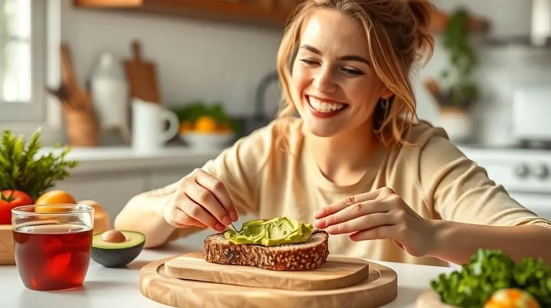 A candid, photorealistic image of a joyful woman in her late 30s, with a healthy glow, happily spreading avocado on a slice of homemade seed bread. She is smiling, sitting at a bright kitchen table, with fresh vegetables and a cup of tea in the background. Soft, natural light, sharp focus on the woman and the bread, depth of field blurring the background. Professional photography, 8K, cinematic lighting.