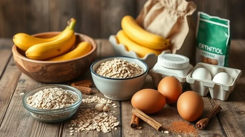 Photorealistic, professional photography, 8K, cinematic lighting, sharp focus, depth of field, shot on a high-end DSLR. A rustic wooden table filled with healthy baking ingredients: a bowl of rolled oats, ripe bananas, a small jar of natural peanut butter, a bag of erythritol, a carton of egg whites, and a sprinkle of cinnamon, all beautifully arranged with soft, natural light.