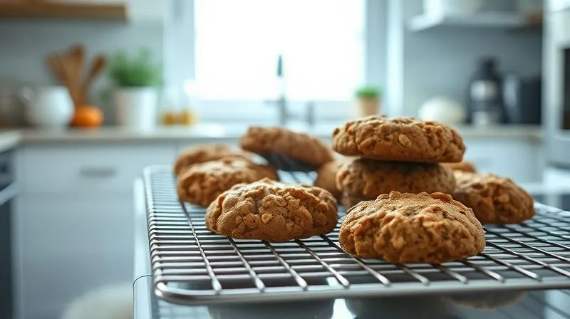 Photorealistic, professional photography, 8K, cinematic lighting, sharp focus, depth of field, shot on a high-end DSLR. Freshly baked, golden-brown low-calorie oatmeal cookies cooling on a wire rack on a kitchen counter. Steam is subtly rising from some cookies, indicating their freshness. The background is a clean, modern kitchen with soft, diffused light coming from a window.