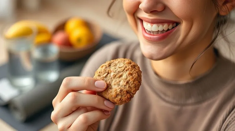 A photorealistic, professional photography, 8K, cinematic lighting, sharp focus, depth of field, shot on a high-end DSLR, depicting a person enjoying a single low-calorie oatmeal cookie with a contented smile. In the slightly blurred background, there are elements of a healthy lifestyle: a glass of water, a yoga mat, and a bowl of fresh fruit, symbolizing balance and well-being. The scene is warm and inviting, conveying a sense of peace and healthy indulgence.