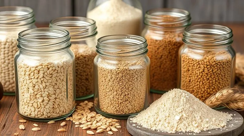 Photorealistic close-up of various types of whole grain flours (oat, spelt, whole wheat) in small glass jars, arranged on a rustic wooden table, with a soft, natural light, sharp focus on the textures of the flours. 8K, cinematic lighting, depth of field.
