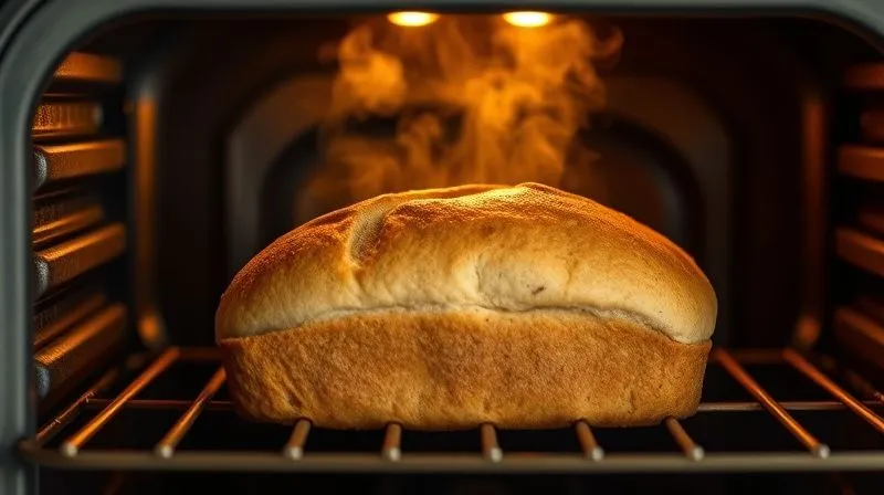 Photorealistic, professional photography of a fit banana bread loaf being gently removed from a hot oven, steam subtly rising. The oven interior is softly lit, highlighting the golden-brown crust of the bread. Sharp focus on the bread, with a shallow depth of field. 8K, cinematic lighting, shot on a high-end DSLR.