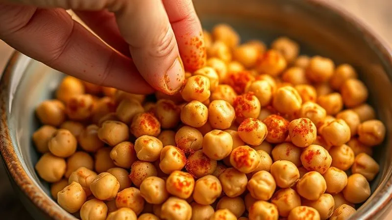 A photorealistic close-up of vibrant, raw chickpeas in a ceramic bowl, coated in a rich, orange-red spice blend, with a hand gently tossing them. Cinematic lighting, sharp focus, 8K, depth of field, professional photography.