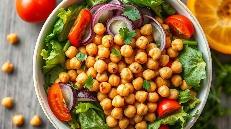 A photorealistic overhead shot of a vibrant, healthy vegan salad bowl featuring crispy roasted chickpeas as the star, alongside fresh greens, colorful vegetables, and a light dressing. Bright, natural light, 8K, sharp focus, professional photography.