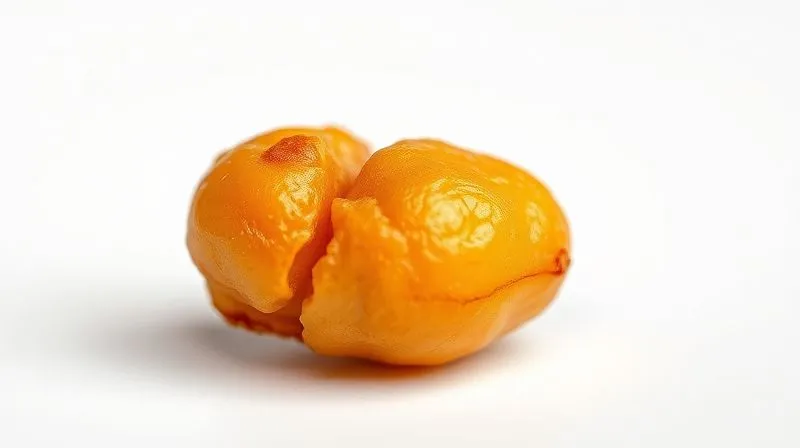 A photorealistic close-up shot of a single, perfectly golden-brown roasted chickpea, slightly cracked, on a minimalist white background, emphasizing its crispy texture. Macro lens, sharp focus, 8K, professional photography.