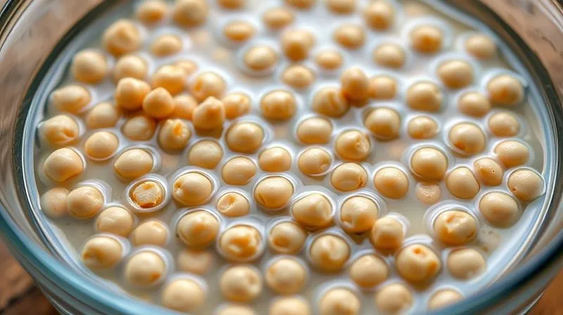 A close-up, photorealistic image of chickpeas soaking in a glass bowl, with clear water and soft, natural light, emphasizing the swelling and preparation process. Professional photography, 8K, cinematic lighting, sharp focus, depth of field, shot on a high-end DSLR.