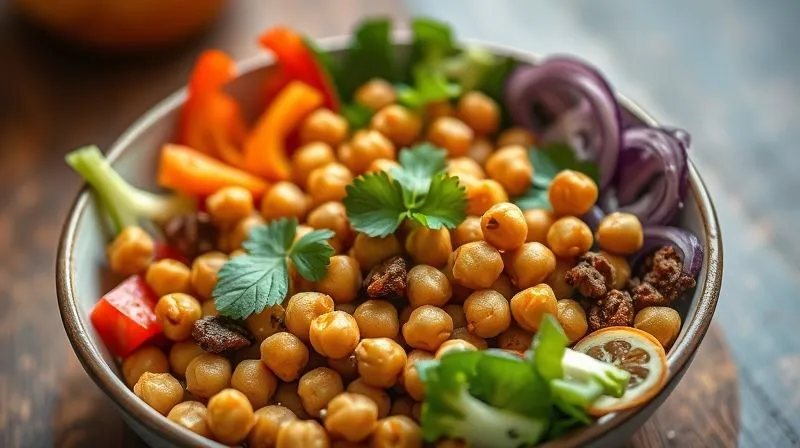 A vibrant, photorealistic image of a healthy, colorful buddha bowl featuring perfectly baked chickpeas as the main protein, surrounded by fresh vegetables and a light dressing. The focus is on texture and appealing presentation. Professional photography, 8K, cinematic lighting, sharp focus, depth of field, shot on a high-end DSLR.