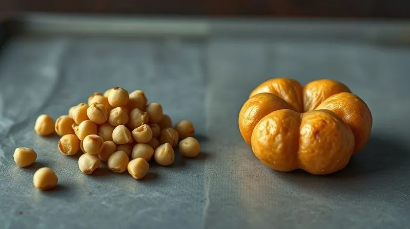 A conceptual photorealistic image depicting two contrasting scenes: one side shows a dry, sad-looking chickpea on a baking sheet, representing a common mistake; the other side shows a plump, golden-brown, perfectly baked chickpea, representing success. Cinematic lighting highlights the contrast. Professional photography, 8K, cinematic lighting, sharp focus, depth of field, shot on a high-end DSLR.