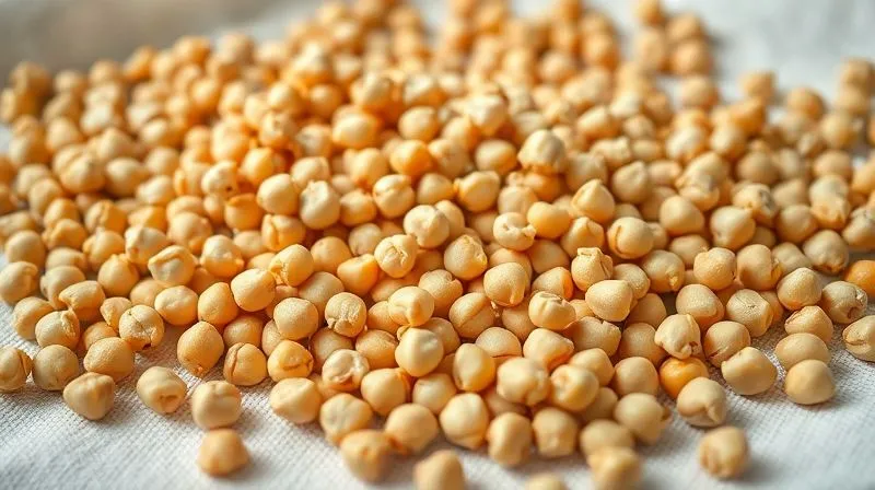 A close-up, photorealistic image of dry chickpeas spread out on a clean, textured kitchen towel, with a few loose skins visible. The lighting is soft and natural, emphasizing the dryness and readiness for roasting. Sharp focus on the chickpeas, depth of field blurring the background.