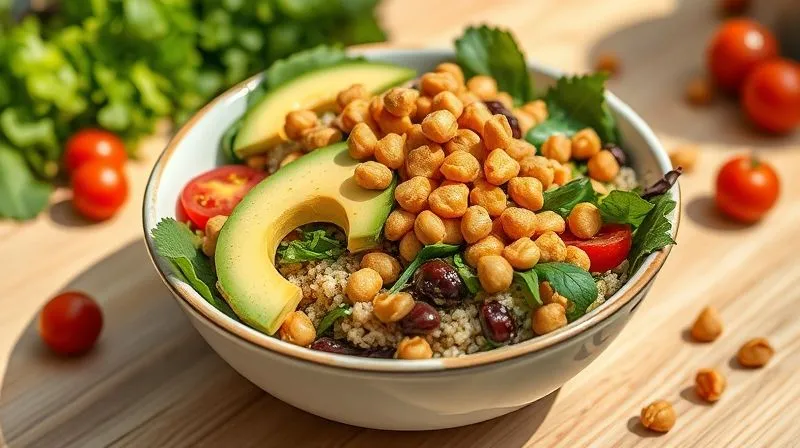 A vibrant, photorealistic image of a fresh, colorful vegan power bowl, brimming with mixed greens, quinoa, avocado, cherry tomatoes, and perfectly golden-brown, crispy roasted chickpeas sprinkled generously on top. The bowl is stylishly presented on a light wooden surface with bright, natural lighting. Sharp focus on the food, depth of field blurring the background.