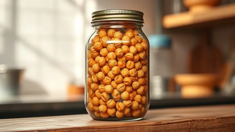A photorealistic image of a clear, airtight glass jar filled with perfectly golden-brown, crispy roasted chickpeas, sitting on a rustic wooden shelf in a sunlit kitchen. The jar is sealed, suggesting proper storage. Sharp focus on the jar and its contents, with a soft, warm depth of field in the background.