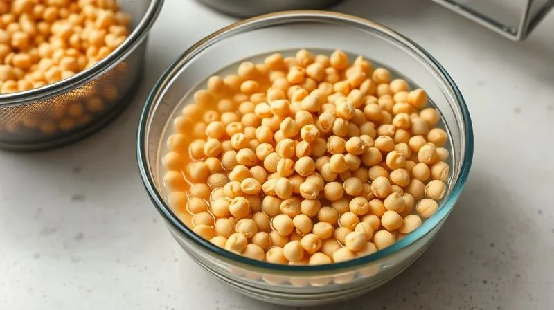 Photorealistic image of dried chickpeas soaking in a glass bowl on a kitchen counter, next to a colander with rinsed canned chickpeas, with a focus on the distinct textures. Professional photography, 8K, cinematic lighting, sharp focus, depth of field, shot on a high-end DSLR, emphasizing preparation steps for healthy cooking.