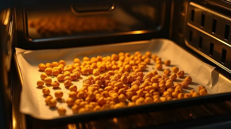 Photorealistic image of roasted chickpeas baking on a parchment-lined sheet pan in a hot oven, with soft golden light illuminating the browning chickpeas. Professional photography, 8K, cinematic lighting, sharp focus on the chickpeas, depth of field blurring the oven interior, shot on a high-end DSLR, conveying a sense of delicious transformation.