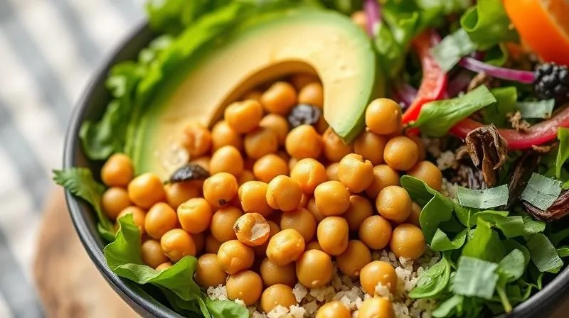 Photorealistic image of a vibrant, healthy Buddha bowl with a generous serving of perfectly roasted chickpeas, fresh mixed greens, avocado, quinoa, and colorful vegetables, beautifully arranged and lit. Professional photography, 8K, cinematic lighting, sharp focus on the chickpeas and bowl, depth of field, shot on a high-end DSLR, evoking freshness and nutritious appeal.
