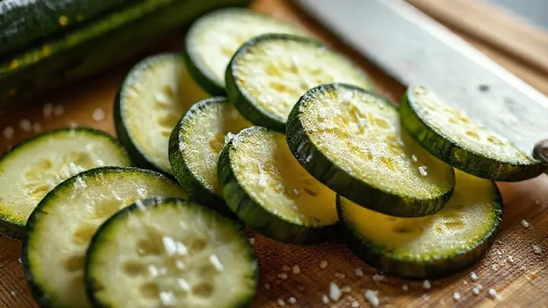 A close-up, photorealistic image of zucchini slices on a cutting board, sprinkled with salt, with visible droplets of water being drawn out. Cinematic lighting, sharp focus on the texture of the zucchini. 8K hyper-detailed.