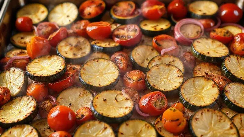 A photorealistic, professional photography shot of a baking sheet filled with perfectly roasted zucchini slices and colorful vegetables (cherry tomatoes, bell peppers, red onion), golden-brown and slightly caramelized. Steam gently rises. Cinematic lighting, sharp focus on the textures. 8K hyper-detailed.